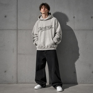 Felpa con Cappuccio Oversize da Uomo con Zip in Tessuto Terry Vintage, Design Effetto Invecchiato, Sbiadito dal Sole, Consumato e Lavato con Acido - Product Image 2