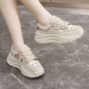 Baskets décontractées d'extérieur pour femme, en cuir kaki, respirantes, à enfiler, avec plateforme compensée épaisse, idéales pour les vacances - Product Image 4