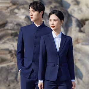 Chinese Style Suit Men Stand Up Collar Navy Blue Loose Fit Plus Size Groom Wear Work Wear - Product Image 3