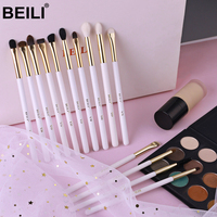 Lot de 14 pinceaux de maquillage professionnels à manche en bois pour fard à paupières, eye-liner, sourcils et cils, incluant pinceaux plats et éventail, vente en gros, marque privée