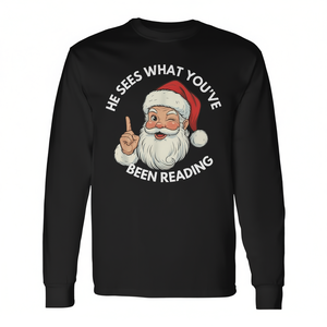 Il voit ce que vous avez lu - T-shirt à manches longues sur le thème de Noël pour les amoureux des livres - Product Image 2