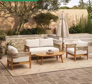Modern Luxury Teak Frame PE <b>Rattan</b> Waterproof Leisure <b>Outdoor</b> Set for Beach Poolside Garden Park Patio-Hotel Use - Product Image 1