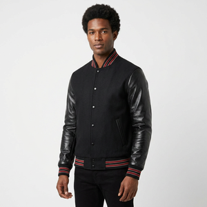Veste universitaire unisexe noire avec manches en cuir PU, bordure à rayures rouges, col montant, décontractée, coupe-vent, séchage rapide, écologique - Product Image 1