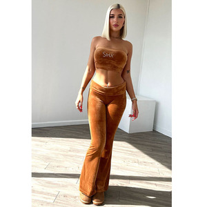 KY Suit Elegant Tailored Cintura elástica Low Rise Flare Pants Custom Tube Top Velour Sets <span class=keywords><strong>para</strong></span> mujeres - Product Image 2