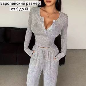 V Neck Buttons Lounge Set Soft Breathable Long Sleeve Sleep Daily <strong>Wear</strong> <strong>Comfortable</strong> Loose Fit Solid Color Spring Sleepwear - Product Image 1