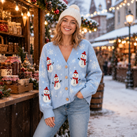 Pull cardigan personnalisé pour femme, Noël, bonhomme de neige, flocon de neige, col en V, boutonné, tricoté, pour les fêtes d'hiver, OEM ODM