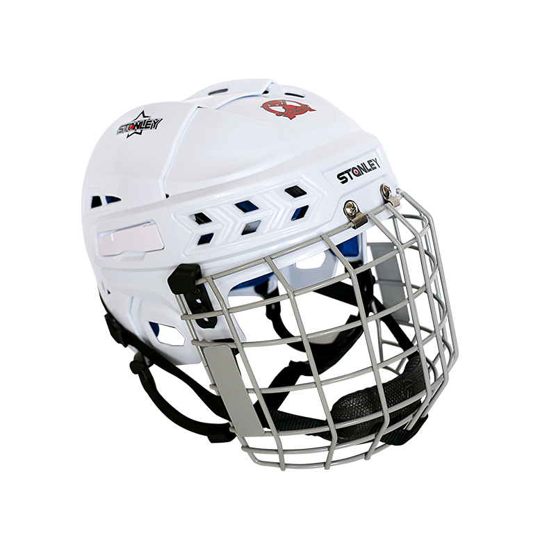 Articoli Spot caschi da Hockey in linea per Hockey su ghiaccio produzione in fabbrica casco bianco in PP include casco da Hockey su ghiaccio con maschera in acciaio al carbonio