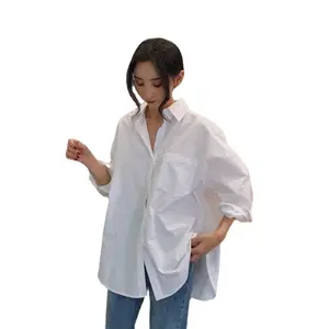 Оптовые продажи блузка для женщин в корейском стиле; рубашка-Блузка женская однотонная свободного кроя, топ на весну-осень, рубашка в Корейском стиле, с карманами, белая