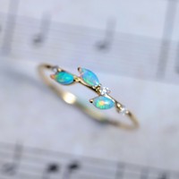 Bague délicate en argent 925 plaqué or 18 carats avec opale marquise bleu-vert en forme de feuille, bagues fines