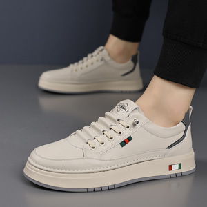 Baskets en cuir blanches pour hommes, bout rond, plateforme, semelle en caoutchouc amortie, chaussures décontractées pour la marche - Product Image 4