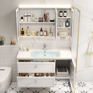 Customizable French <b>oak</b> ceramic integrated basin intelligent mirror wall mounted bathroom cabinet - Product Image 4