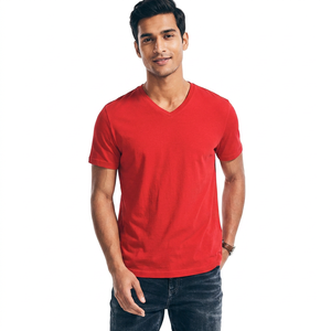 T-shirt ajusté pour homme à col en V rouge, 100% coton, style streetwear hip-hop, imprimé, décontracté, OEM, pour l'extérieur - Product Image 1