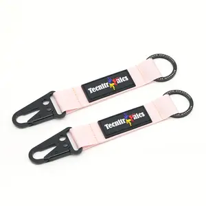 Custom Pink Nylon Sewn PVC Patch Tactical Carabiner Laser Engraving Ring Holder Jet Tag JDM Wristlet Lanyard Keychain