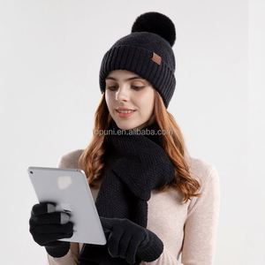 Unisex Winter Sports Hat <b>Scarf</b> Gloves Set New Style Hot Selling Warm Wool with Faux Pom Pom 3 Pieces Set - Product Image 4