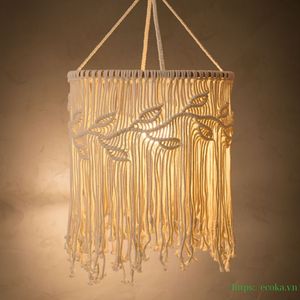 Abat-jour en coton tissé macramé respirant fait main avec franges à pompons, grande suspension de plafond, décoration intérieure du Vietnam - Product Image 1