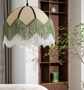 Lampe suspendue vintage française en lin vert avec pompons, LED blanc chaud, intensité réglable, faisceau à 360°, pour chambre, salon, salle à manger - Product Image 2