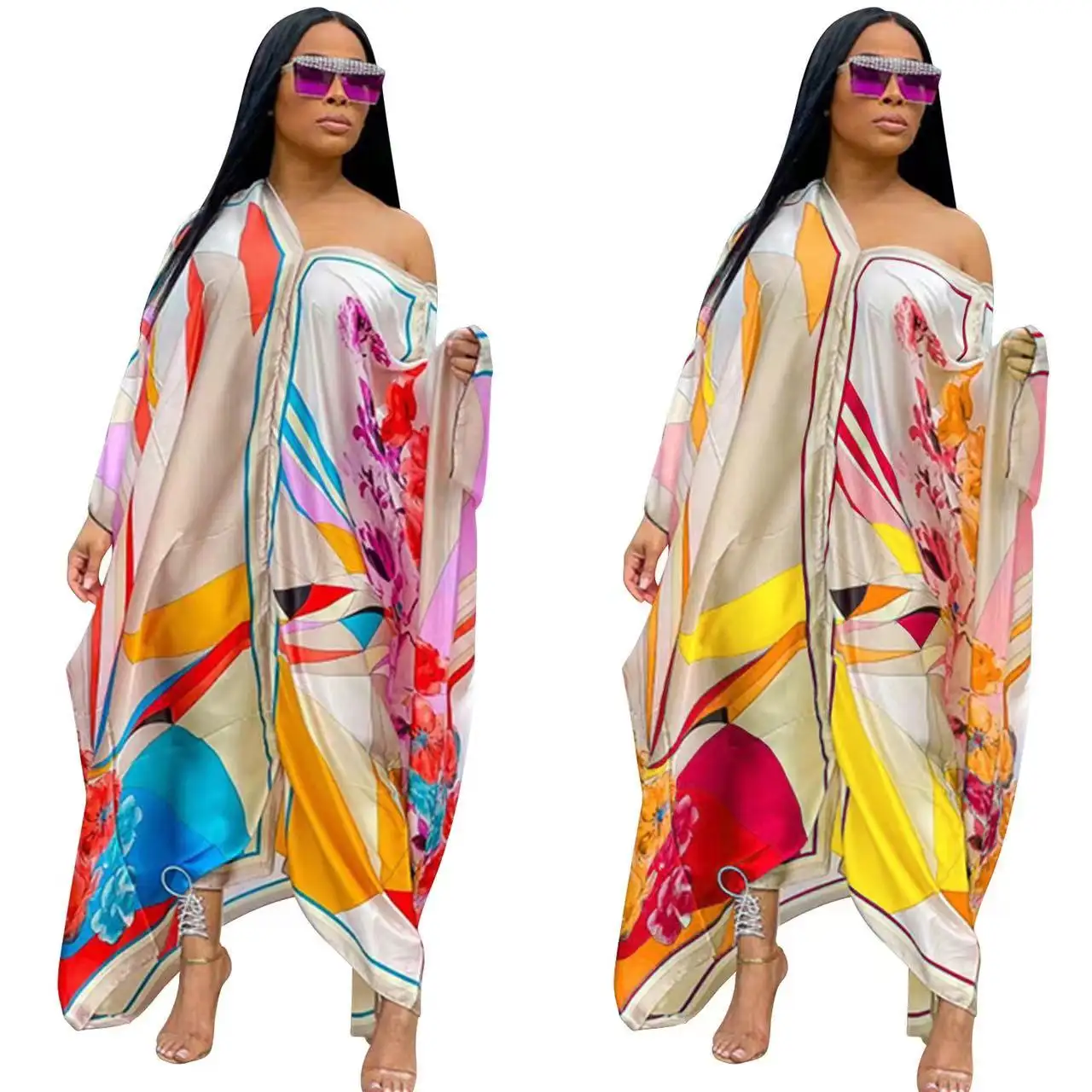 J&H fashion Abaya Muslim Dresses Caftan Marocain Silk Dress Vestidos Elegantes Floral Print Full Length Maxi Boho Dress Women
