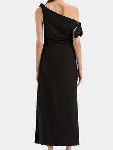 Vestido de lino favorito del cliente Vestidos de lino casuales de lino con cuello oblicuo de manga negra - Product Image 6