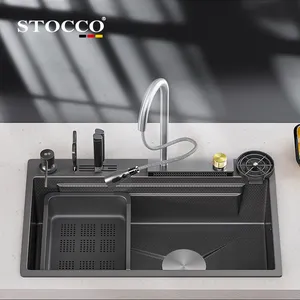 Luxus moderne Abfluss Einzels ch üssel 304 Edelstahl Multifunktions-Küchen spüle schwarzer Wasserfall Wasserhahn Küchen spülen