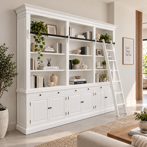 Bibliothèque blanche en bois style ferme avec étagère échelle, 6 étagères, meuble de rangement pour salon - Product Image 1