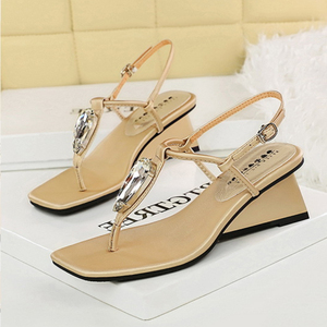 Sandales compensées géométriques chic pour femme, décorées de cristaux, à lanières, bout carré, sexy, pour soirée, chaussures d'été - Product Image 2