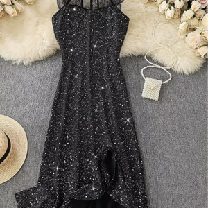 <span class=keywords><strong>Abito</strong></span> <span class=keywords><strong>midi</strong></span> nero con <span class=keywords><strong>paillettes</strong></span> e colletto in pizzo, senza maniche, con orlo asimmetrico, per feste, da donna - Product Image 1