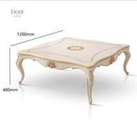 Table basse carrée en bois de style européen antique, classique, faite à la main, avec des sculptures florales blanches