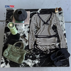 Conjunto <span class=keywords><strong>de</strong></span> Top Corto <span class=keywords><strong>de</strong></span> Manga Larga a Rayas Personalizado y Pantalones Cortos, Ropa <span class=keywords><strong>de</strong></span> Salón Transpirable <span class=keywords><strong>de</strong></span> Punto, Sexy y Ajustada, Conjunto <span class=keywords><strong>de</strong></span> Verano <span class=keywords><strong>de</strong></span> 2 Piezas para <span class=keywords><strong>Mujer</strong></span> - Product Image 4