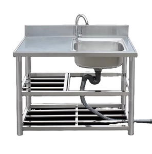 Évier <span class=keywords><strong>de</strong></span> <span class=keywords><strong>cuisine</strong></span> commercial en acier inoxydable à cuve unique avec égouttoir, <span class=keywords><strong>plan</strong></span> <span class=keywords><strong>de</strong></span> <span class=keywords><strong>travail</strong></span> intégré et étagère <span class=keywords><strong>de</strong></span> rangement, lavabos - Product Image 1