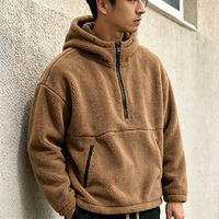Sweat à capuche mi-zippé en polaire sherpa pour homme, coupe oversize, marron, chaud, style Teddy, décontracté, streetwear d'hiver avec poches zippées