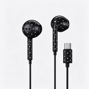 Nouveaux écouteurs intra-auriculaires filaires USB-C imprimés tendance, motif étoile à pois, avec fonction mains libres pour téléphone portable - Product Image 1