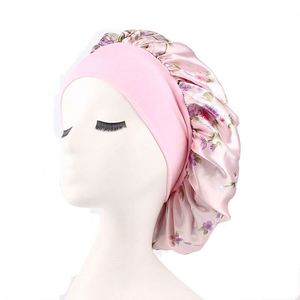 Vente en gros d'accessoires pour cheveux Bonnet imprimé de fleurs Bonnets de sommeil colorés Bonnets élastiques à large bande Bonnet pour cheveux en satin - Product Image 3