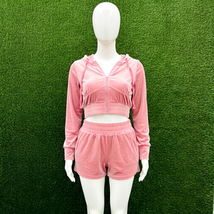 Ensemble 2 pièces en velours rose pour femme, respirant, streetwear, crop top à capuche avec fermeture éclair, short au-dessus du genou, décontracté, printemps-été - Product Image 1