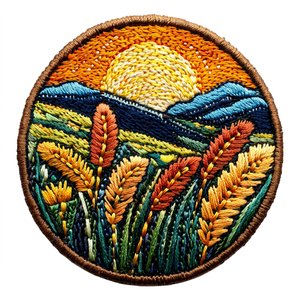 Circular Embroidered Patch With Sunset Field Design Handmade Sew-On Fabric Applique For Gifts - Product Image 1