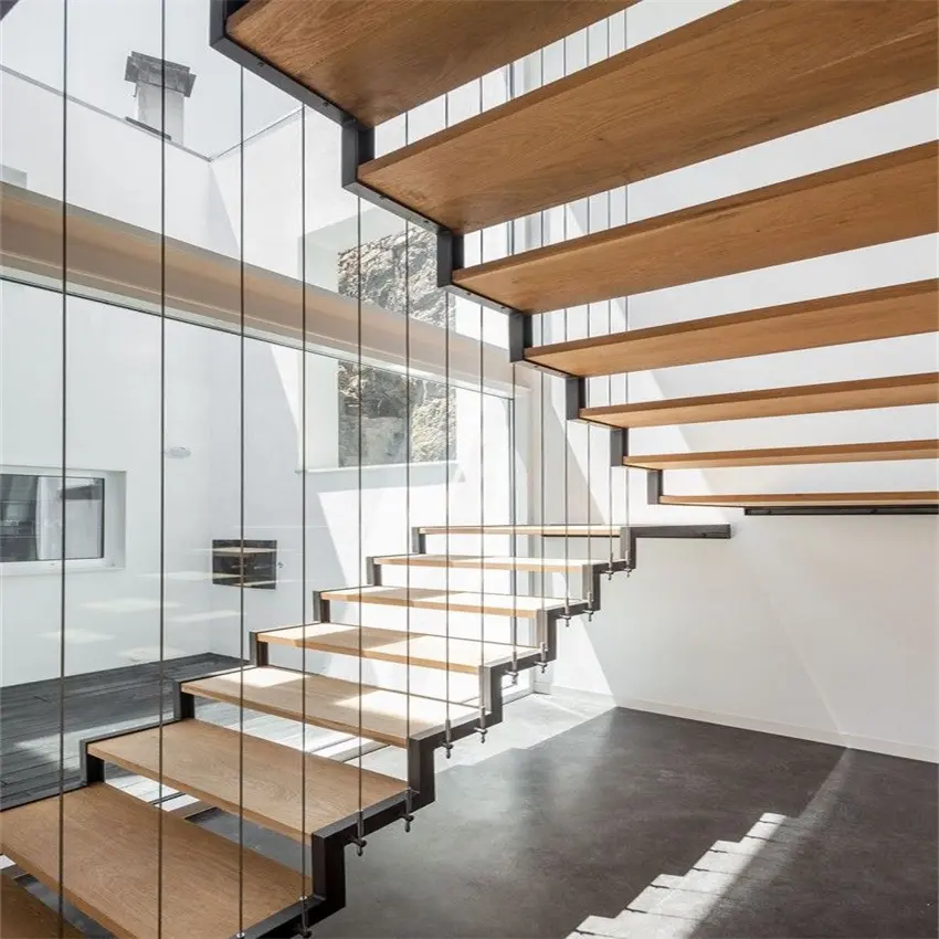 Hidden interior stair stringer with wooden case tread modern design mono stringer staircase