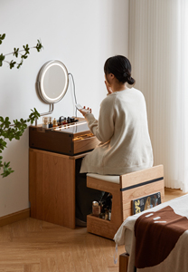 <span class=keywords><strong>Demi</strong></span>-maison <span class=keywords><strong>commode</strong></span> moderne en bois massif avec chaise réglable miroir éclairé par LED coiffeuse avec tiroirs pour chambre à coucher - Product Image 3