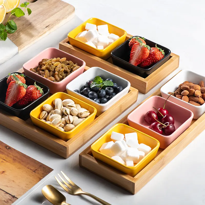 Contrast Color Ceramic Fruit Platter Square Small Snack Saucer Set Seasoning Saucer Plate With Wooden Tray