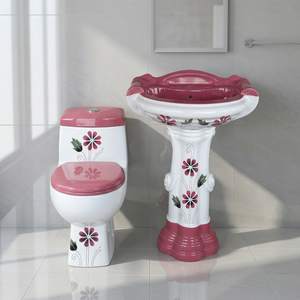 Toilette monobloc colorée de qualité supérieure avec ensemble de lavabo sur pied articles sanitaires en porcelaine salle de bain WC et lavabo combiné - Product Image 6