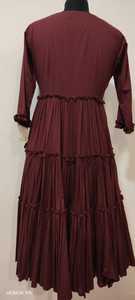 Vestido plisado de manga larga con cuello redondo color granate para mujer, informal, de otoño, color liso, largo hasta la rodilla, de tela crepé, corte regular - Product Image 5