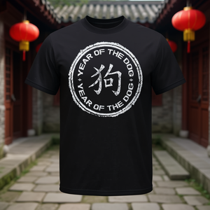 เสื้อยืดปีนักษัตรสุนัข ลายดิสเทรส ดีไซน์แบบจีน สำหรับผู้ใหญ่ คอกลม แขนสั้น พิมพ์ลายซิลค์สกรีน - Product Image 2