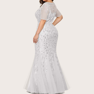 צמחים פירוט נצנצים עגול צוואר קצר שרוול רשת גדול שושבינה שמלה - Product Image 2