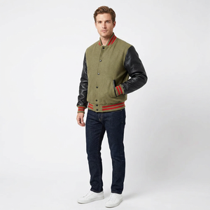 Men's Olive Green Varsity Jacket Wool Sleeves Regular Fit Mandarin Collar <b>Covered</b> <b>Button</b> Solid Color Casual Winter Wear - Product Image 1