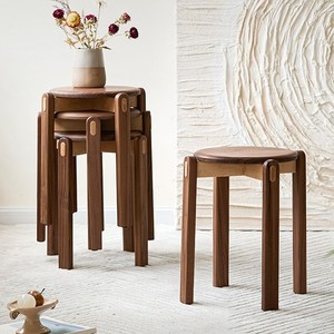 Black Walnut Wood Round <b>Stool</b> Mortise <b>And</b> Tenon Joint Stackable Solid Wood <b>Stool</b> For Living Room Coffee <b>Table</b> - Product Image 1