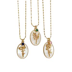 12月フラワーネックレス3次元楕円形シェルペンダント,誕生石ムーンフラワークラビクルチェーンファッションペンダントネックレス - Product Image 1