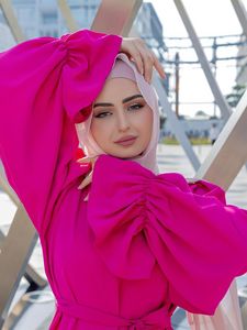 Hot Pink Flare Sleeve Abaya Belted A-Line Modest Maxi Dress 100% Polyester High Waist Elegant <b>Islamic</b> <b>Clothing</b> for Wedding - Product Image 3