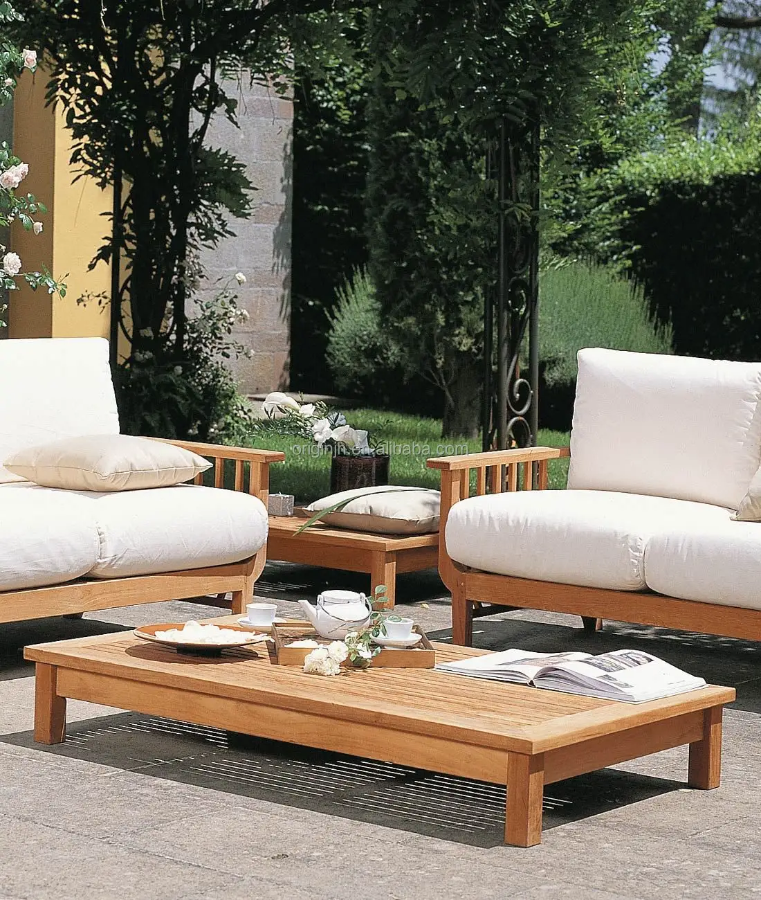 Moderne Gartenmöbel 6 Sitz gebogene Rückenlehne aus massivem Teakholz hand gefertigte Holzsofa garnitur