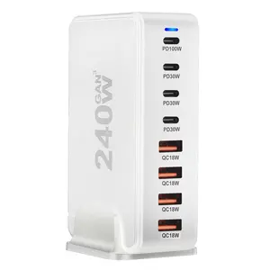 240W Multi-Port 8 Ports 4 USB 4 PD Type C Travel Charger 100W Desktop Charging Station QC3.0 Fast Phone Charger Laptops USB C