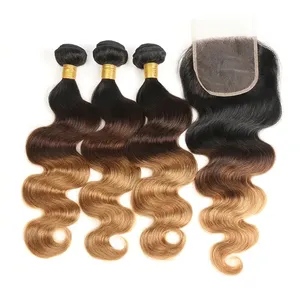 Bundel rambut manusia warna Ombre dengan penutup harga grosir gelombang tubuh bundel jalinan rambut manusia Brasil rambut Virgin alami