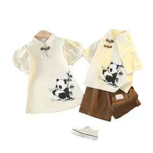 Creative Soft Panda Printed Brother And Sister Clothes Chinese Style National Clothes Cloth For Kids Children Clothing Wholesale
