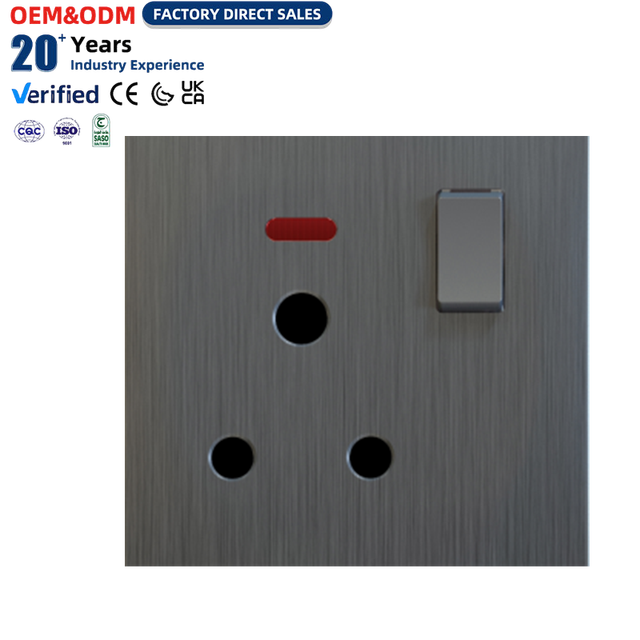 15A Round Pin Socket Switch Neon Brushed Grey Middle East 1 Gang 1 Way Electrical Outlet Wall Mounted Switches Socketed